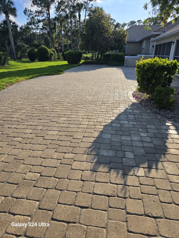 Curved paver driveway lined with trimmed hedges leading toward a home